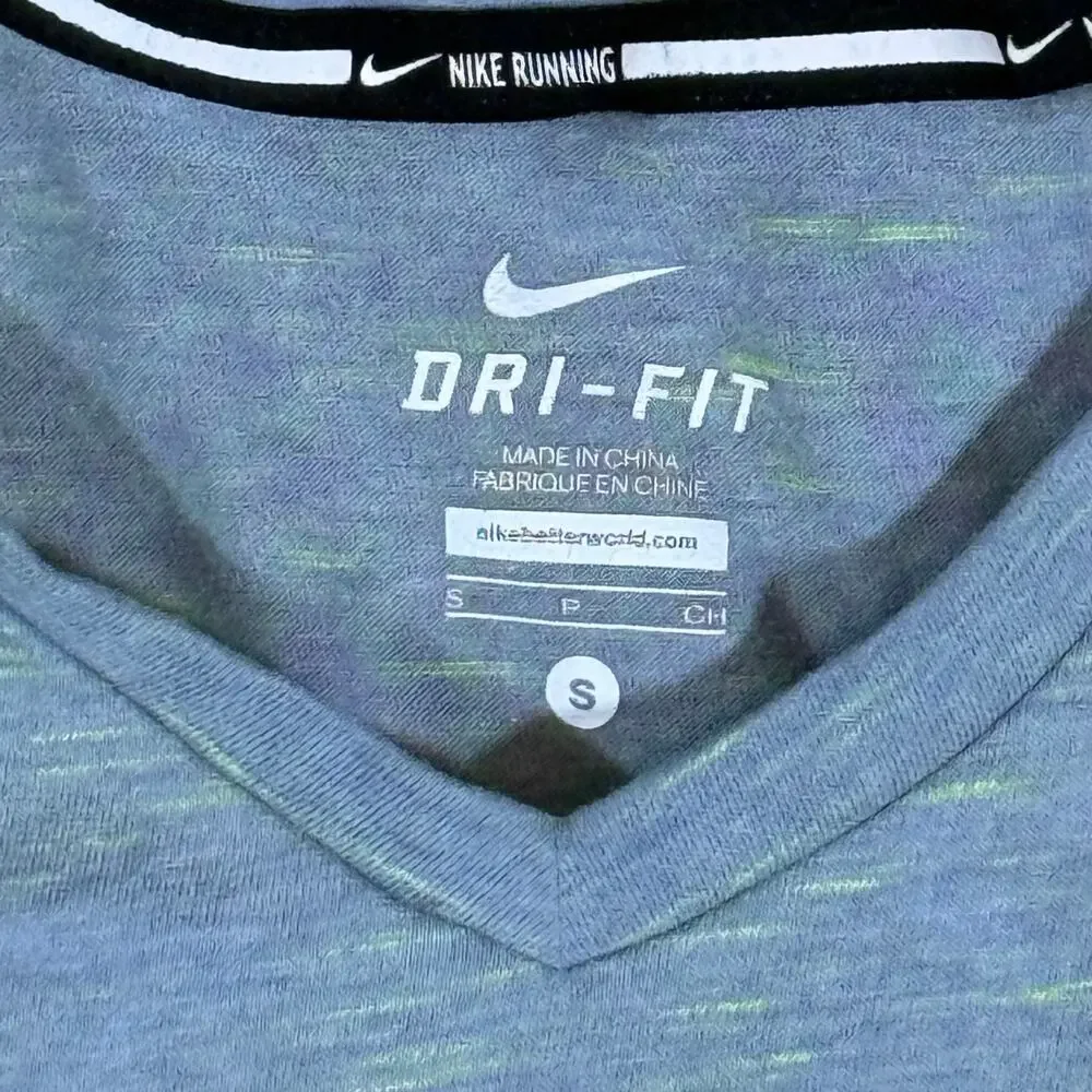 Nike Running Men’s S Dri-FIT V-Neck Athletic Tee Blue Gray Neon Green Zip Pocket
